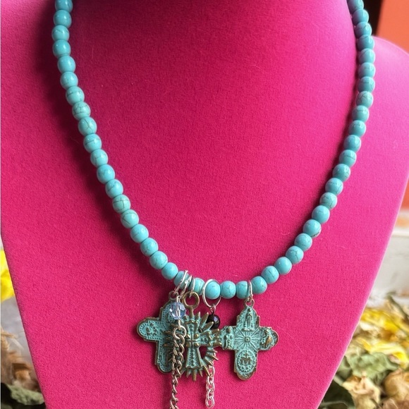 Rustic cross pendants turquoise beaded necklace - Picture 3 of 3